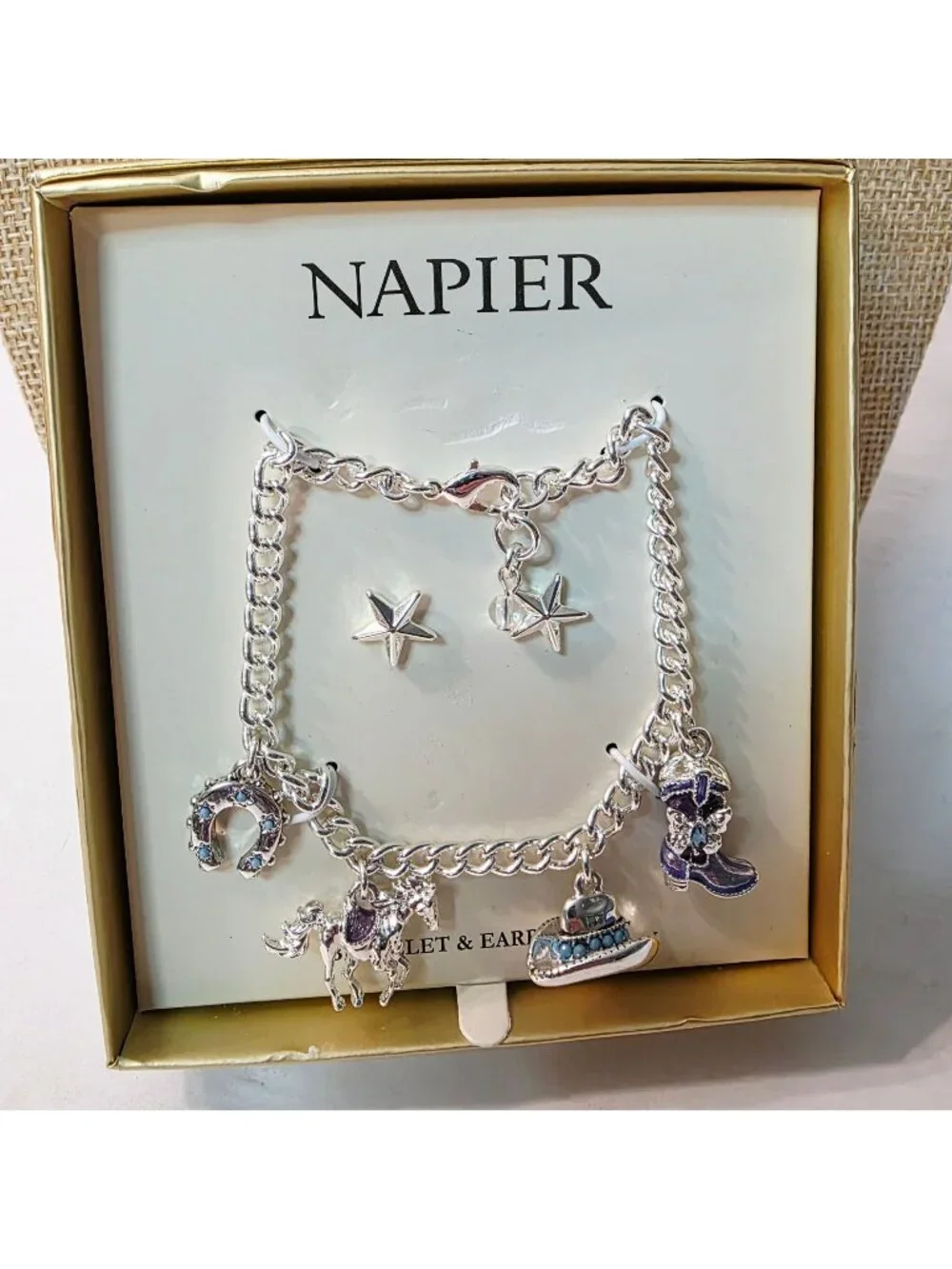 Napier 2 Pc Western Cowgirl Rodeo Charm Silver Tone Bracelet Star Earring Set